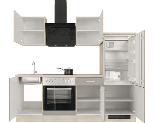 Küchenzeile mit Spüle, Herd, Backofen, Dunstabzugshaube, Kühl-Gefrierkombination und Hängeschränken