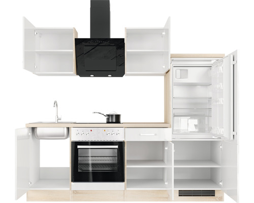 Komplette Küche mit Spüle, Herd, Backofen, Kühlschrank und Dunstabzugshaube