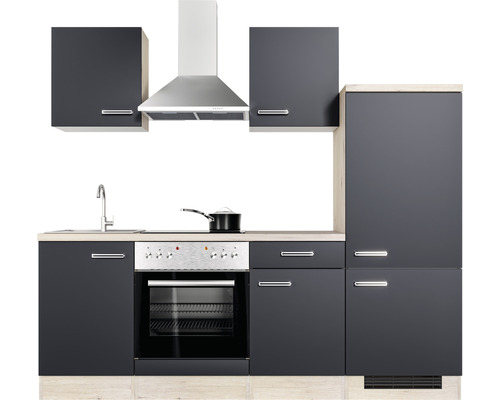 Küchenzeile mit Spüle, Kochfeld, Backofen, Dunstabzugshaube und Schränken