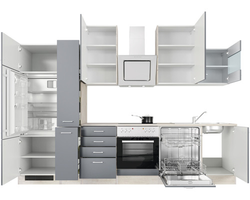 Komplette Küchenzeile mit Geräten, Schränken, Schubladen und Spüle