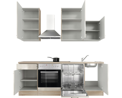 Küchenzeile mit Hängeschränken, Dunstabzugshaube, Spüle, Geschirrspüler und Herd