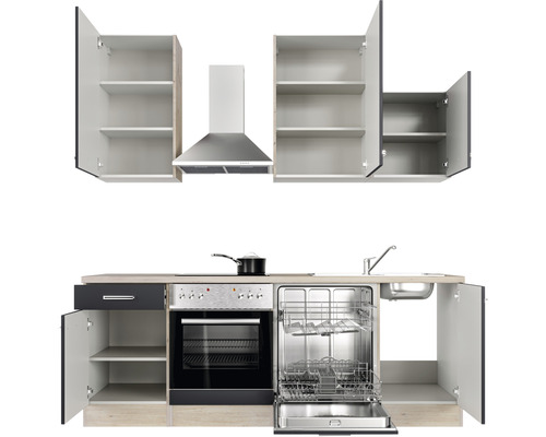 Küchenzeile mit Spüle, Geschirrspüler, Herd, Dunstabzugshaube und Schränken