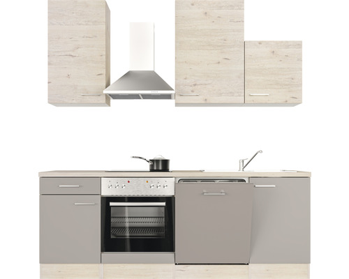 Küchenzeile mit Hängeschränken, Dunstabzugshaube, Herd, Spüle und Geschirrspüler