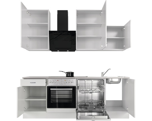 Komplette Küchenzeile mit Hängeschränken, Dunstabzugshaube, Spüle, Kochfeld, Backofen und Geschirrspüler