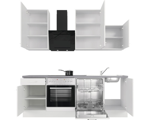 Küchenzeile mit Spüle, Geschirrspüler, Herd, Ofen, Dunstabzugshaube und Schränken