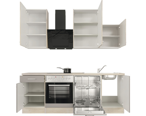 Küchenzeile mit Hängeschränken, Dunstabzugshaube, Spüle, Geschirrspüler und Herd