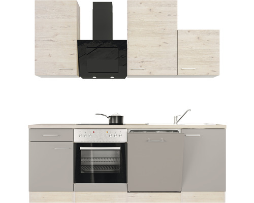 Küchenzeile mit Spüle, Geschirrspüler, Herd, Backofen und Dunstabzugshaube sowie Ober- und Unterschränken.