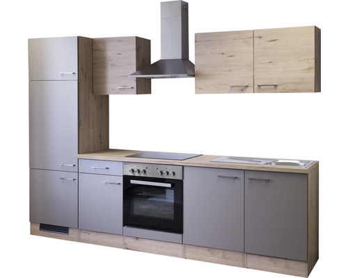 Einbauküche mit Schränken, Dunstabzugshaube, Herd und Spüle