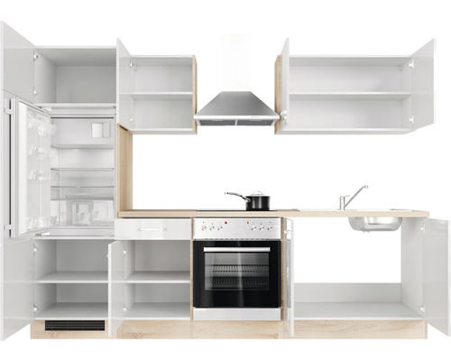 Komplette Küchenzeile mit Geräten, Schränken und Spüle