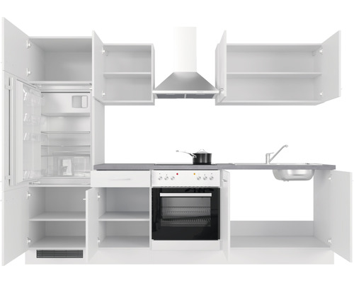 Komplette Küchenzeile mit Schränken, Kühlschrank, Herd, Spüle und Dunstabzugshaube