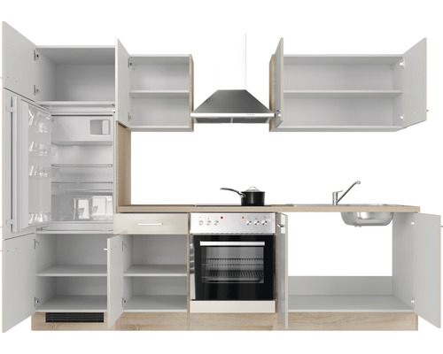 Küchenzeile mit Kühlschrank, Herd, Spüle und Dunstabzugshaube