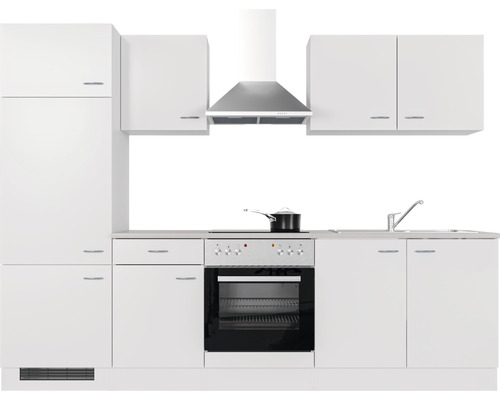 Komplette weiße Küchenzeile mit Spüle, Herd, Backofen, Dunstabzugshaube und Schränken