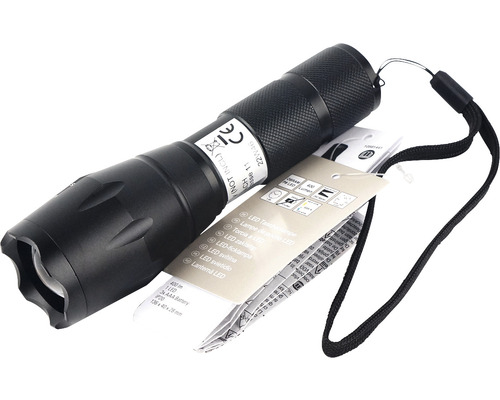 Schwarze LED Taschenlampe mit Handschlaufe und Etikett