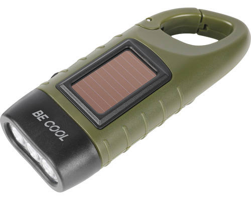 BE COOL Solar- und Kurbel-Taschenlampe mit Karabiner