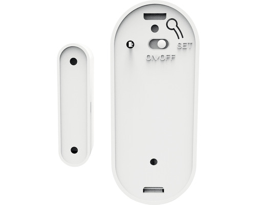 Weißer Tür- und Fenstersensor für die Sicherheitstechnik mit Schaltern und Anschlüssen.