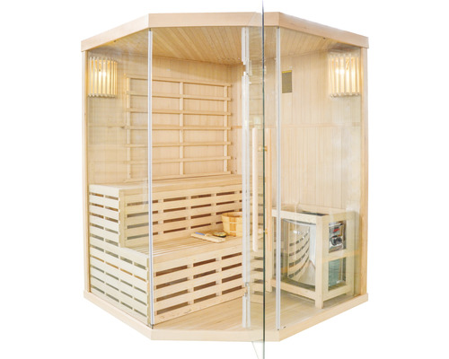 Elementsauna HomeLuxe Tallinn inkl. 6 kW Ofen u.integr.Steuerung mit Dachkranz und Ganzglastüre aus Klarglas