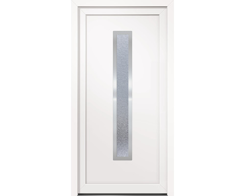 Weiße Haustür mit rechteckigem Glaseinsatz