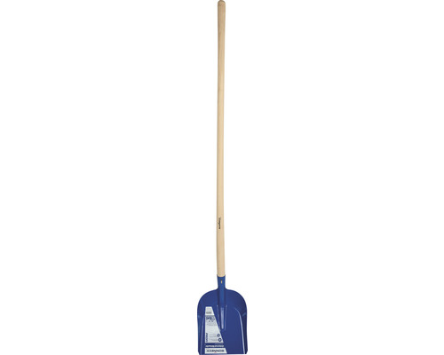 Blaue Schneeschaufel aus Kunststoff mit Holzstiel