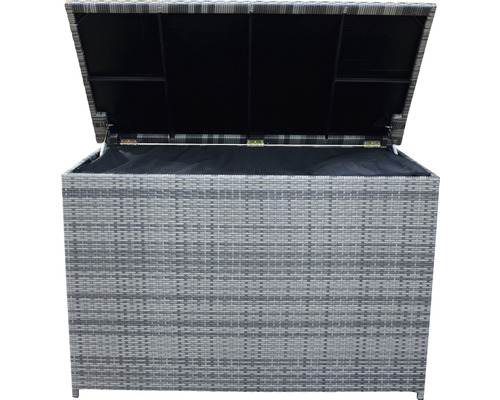 Geöffnete Aufbewahrungsbox aus Polyrattan für den Aussenbereich