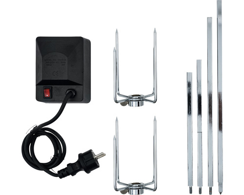 Drehspießantrieb mit zwei Fleisklammern und Spießen