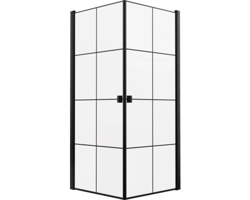 Eckdusche mit schwarzen Profilen und klaren Glaswänden
