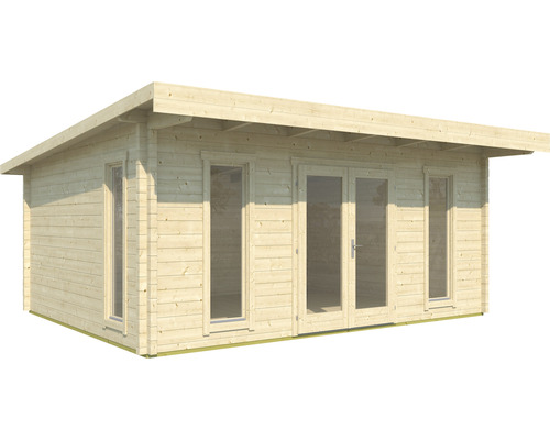 Gartenhaus aus Holz mit Fenstern und Doppeltür