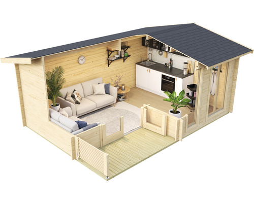 Holzgartenhaus mit Wohn- und Küchenbereich
