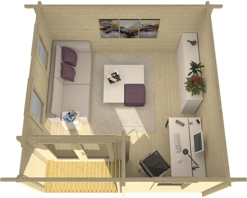 Innenansicht eines Holzgartenhauses mit Wohnbereich und Büro