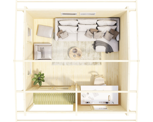 Grundriss eines Gartenhauses mit Wohnbereich und Büro