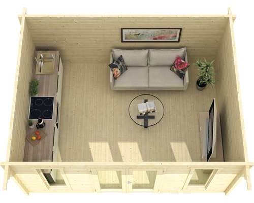 Innenansicht eines Holzhauses mit Küche, Sofa, Tisch und Fernseher