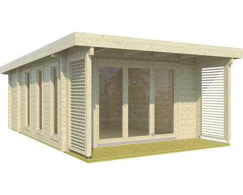 Modernes Gartenhaus aus Holz mit Glasfront und Terrasse