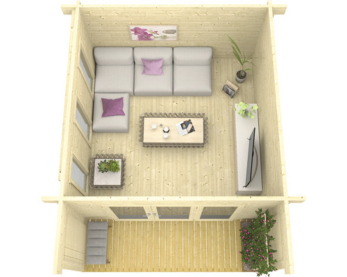 Innenansicht eines Holz Gartenhauses mit Möbeln und Pflanzen