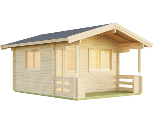 Holzgartenhaus mit Fenstern und überdachter Veranda