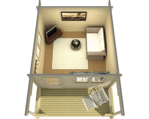 Innenansicht eines Holzhauses mit Wohnzimmer und Terrasse