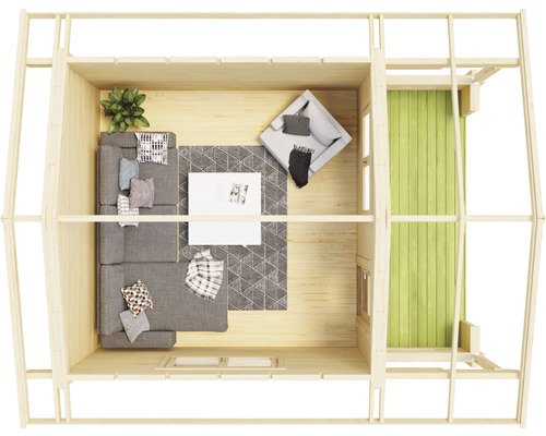 Dachaufsicht des Innenraums eines Gartenhauses mit Sofa, Teppich und Tisch