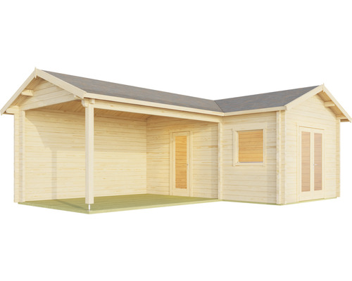 Holz Gartenhaus mit überdachter Terrasse, Fenster und Doppeltür.