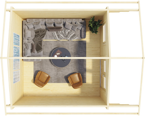 Ansicht von oben eines eingerichteten Gartenhauses mit Sofa, Sesseln und Tisch