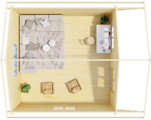 Ansicht von oben eines eingerichteten Gartenhauses mit Möbeln