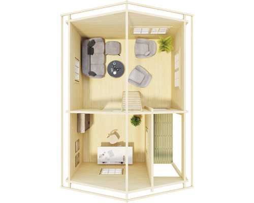 Grundriss eines zweistöckigen Gartenhauses mit Wohnzimmer, Arbeitszimmer und Treppe