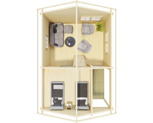 Innenansicht eines zweistöckigen Holzhauses mit Wohnbereich und Schlafzimmern.