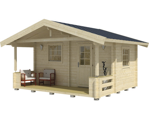 Holzgartenhaus mit Veranda, Fenstern und Tür