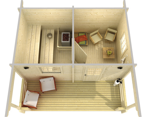 Draufsicht einer Gartensauna mit Vorraum aus Holz