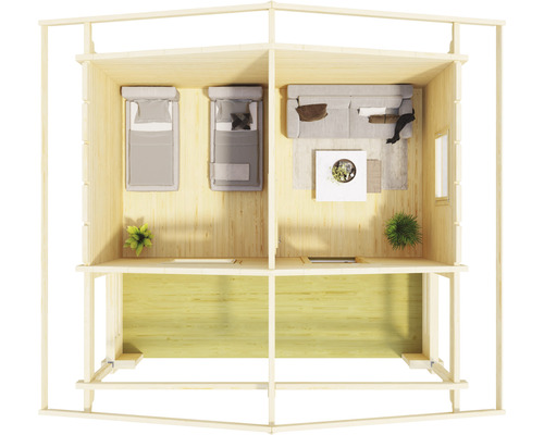 Illustration eines Holzhauses mit Schlafzimmer und Wohnbereich, Ansicht von oben