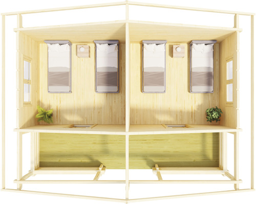 Holzhaus mit Betten und Fenstern in hellem Design