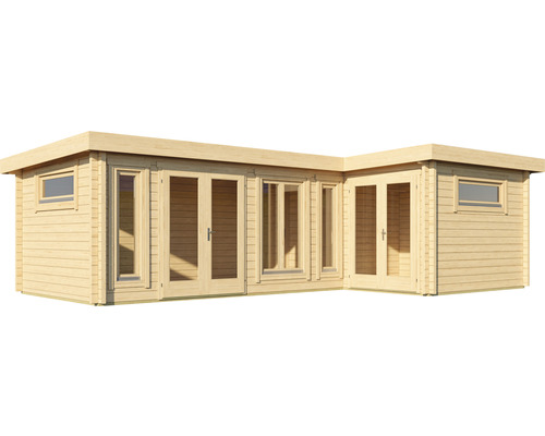 Eckblockhaus mit Fenstern und Türen