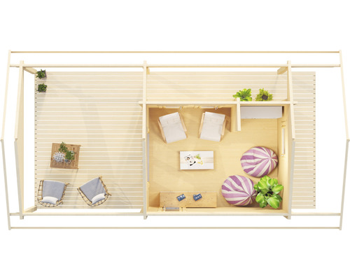 Dachansicht eines hellen Holzgartenhauses mit Terrasse und Inneneinrichtung