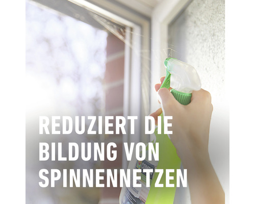 Eine Person sprüht Spinnenschutzmittel auf einen Fensterrahmen, um die Bildung von Spinnweben zu reduzieren.