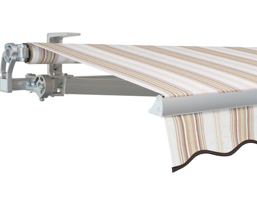 SOLUNA Gelenkarmmarkise Concept 4x2,5 Stoff Dessin 6171 Gestell Silber E6EV1 eloxiert Antrieb links inkl. Motor und Wandschalter Markise mit Streifenmuster und Aluminiumgestell