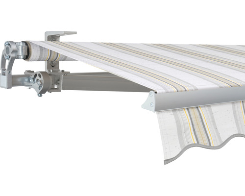SOLUNA Gelenkarmmarkise Concept 3,5x2 Stoff Dessin 6287 Gestell Silber E6EV1 eloxiert Antrieb links inkl. Motor und Wandschalter Detailansicht einer Markise mit Streifenmuster