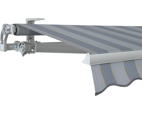 SOLUNA Gelenkarmmarkise Concept 3,5x2,5 Stoff Dessin 7109 Gestell Silber E6EV1 eloxiert Antrieb links inkl. Motor und Wandschalter Markise mit Streifenmuster